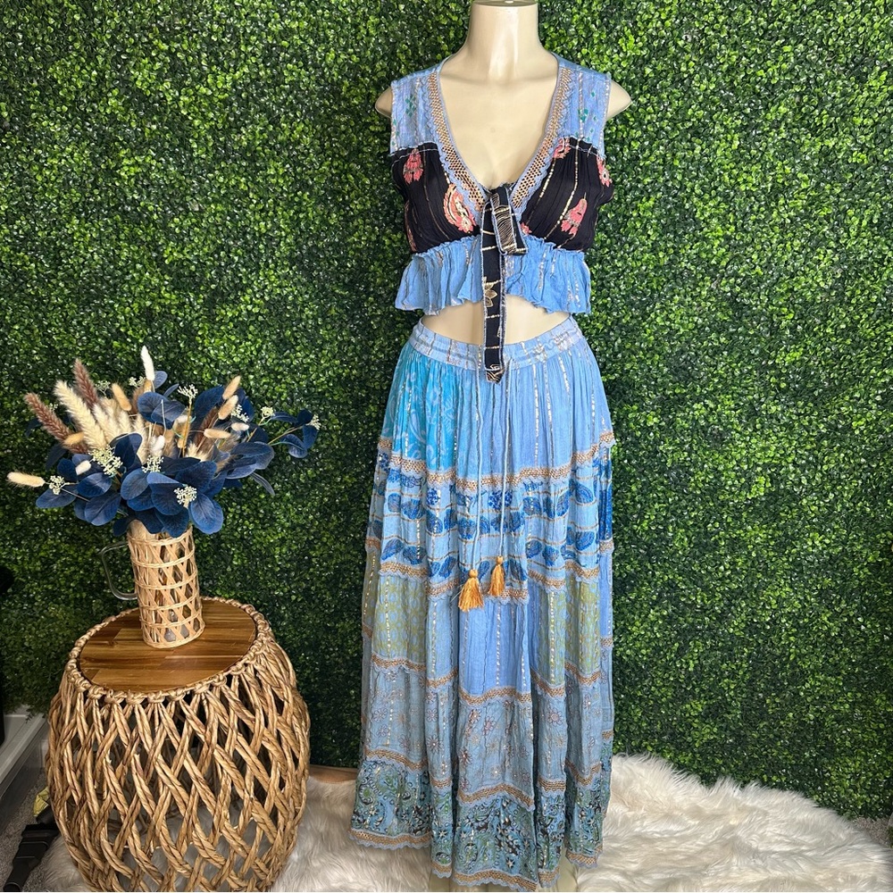 Nwt Bohemian Blue patchwork cottagecore Two-Piece skirt Set‎ kantha  patchwork